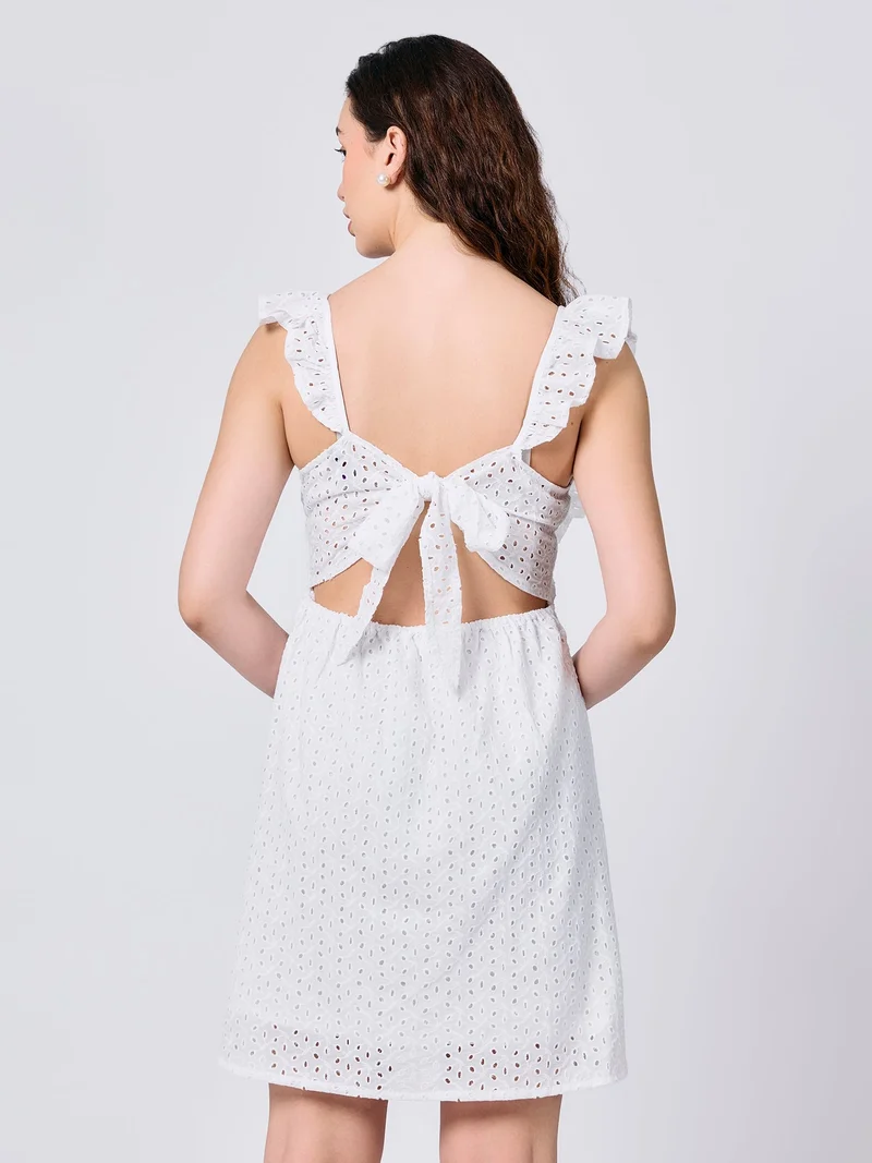 OUTZIDR White Ruffle Sleeved Mini Dress